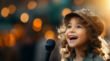 peu fille en chantant dans une microphone à une concert dans le soir ai généré photo