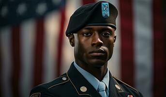 portrait de Jeune africain américain soldat sur le Contexte de le américain drapeau ai généré photo