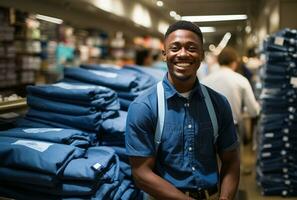 portrait de une souriant Jeune homme dans une chemise dans une Vêtements boutique ai généré photo