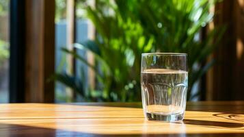 une verre de l'eau séance sur Haut de une en bois tableau, génératif ai photo