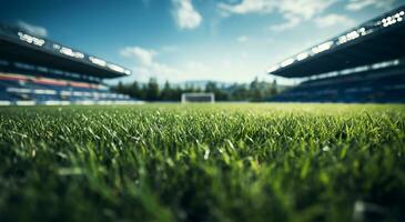 Football ou football champ avec vert herbe et flou Contexte de stade ai généré photo