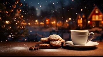 Noël tasse de café et biscuits sur une en bois Contexte avec Noël arbre et bokeh ai généré photo