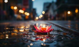 magnifique diwali diya avec brûlant bougies sur foncé Contexte ai généré photo
