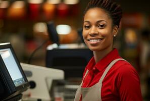 portrait de une Jeune africain américain la caissière souriant à le caméra dans une café magasin ai généré photo