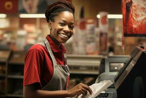 portrait de une Jeune africain américain la caissière souriant à le caméra dans une café magasin ai généré photo