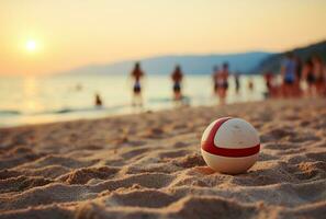 football Balle sur le le sable plage avec bleu ciel et mer Contexte ai généré photo