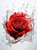 rouge Rose avec l'eau éclaboussure et gouttes sur une blanc Contexte. fermer. ai génératif. photo