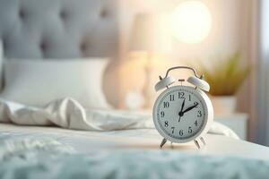 blanc alarme l'horloge sur chevet table dans chambre à coucher, femme en train de dormir sur lit dans Contexte. ai généré photo