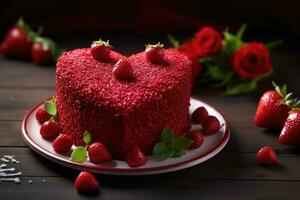 cœur en forme de rouge velours gâteau pour la Saint-Valentin journée sur foncé Contexte. ai généré photo