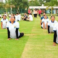 Nouveau Delhi, Inde, juin 21, 2023 - groupe yoga exercice session pour gens à yamuna des sports complexe dans delhi sur international yoga jour, gros groupe de adultes assister yoga classe dans criquet stade photo