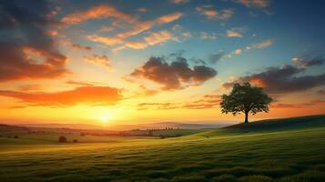 majestueux le coucher du soleil plus de vert prés ai génératif photo