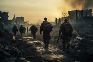 soldats marcher par le ruines de une ville causé par guerre ai génératif photo