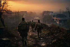 soldats marcher par le ruines de une ville causé par guerre ai génératif photo