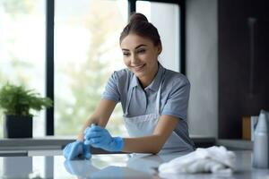 Jeune femme dans caoutchouc gants nettoyage table dans cuisine à home.ai généré photo