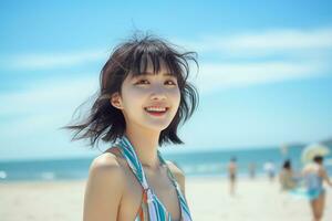magnifique Jeune asiatique fille portant été robe dans ensoleillé journée ai génératif photo