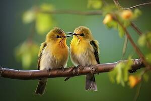 couple de peu des oiseaux séance sur une branche.ai généré photo