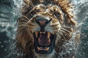 fermer portrait de une Lion dans l'eau. sauvage animal.ai généré photo