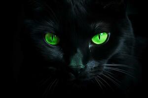 portrait de une noir chat avec vert yeux sur une noir fond.ai généré photo