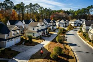 aérien vue de une rangée de maisons dans une de banlieue quartier dans le automne, aérien vue de cul de sac à quartier route mort fin avec construit maisons dans Sud Caroline Résidentiel vivant zone, ai généré photo