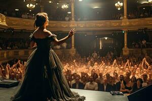flamenco Danseur dans le salle de le théâtre. magnifique fille sur le Contexte de le concert entrée, un opéra chanteur plein arrière vue en chantant dans de face de grand public, ai généré photo