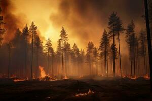 forêt Feu. brûlant pin des arbres et herbe sur le sol dans le forêt. brûlant forêt, Feu et fumée dans le soir. conceptuel image, ai généré photo