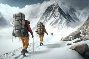 groupe de touristes dans hiver dans le montagnes. travail en équipe concept. neural réseau ai généré photo