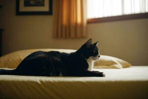 Célibataire chat sur couvre-lit, tranquille intérieur moment, ai généré photo