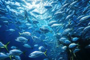 sous-marin scène de une école de poisson nager dans le océan. une école de sardines dans une bleu tropical corail récif, ai généré photo