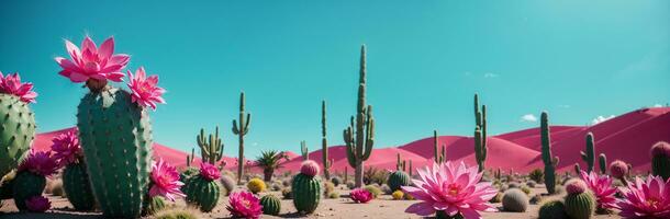 cactus les plantes avec rose fleurit dans le désert, rose et vert désert flore, ai génératif photo