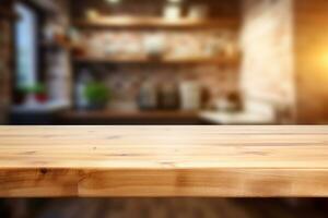 en bois table sur flou cuisine banc Contexte ai génératif photo