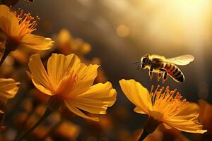 abeille collecte pollen de une Jaune fleur dans le Prairie à coucher de soleil, les abeilles en volant plus de une magnifique Jaune fleur, ai généré photo