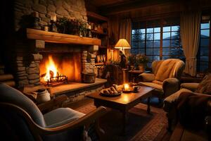 une confortable rustique Accueil intérieur avec cheminée ai génératif photo
