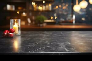 moderne foncé marbre table sur flou cuisine banc Contexte ai génératif photo