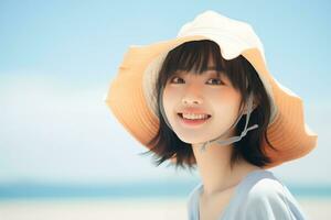 magnifique Jeune asiatique fille portant été robe dans ensoleillé journée ai génératif photo