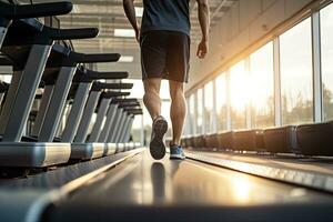 homme fonctionnement sur tapis roulant dans moderne aptitude salle de sport. en bonne santé mode de vie et bien-être concept, homme en marchant sur tapis roulant à aptitude Gym club, Haut section tondu, ai généré photo