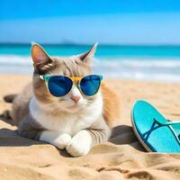 une chat portant des lunettes de soleil est séance sur le plage ai produire photo