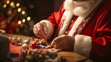 ai génératif proche en haut de blanc Père Noël travail dans le sien magasin sur jouets photo