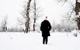 vue postérieure, de, brunette, marche femme, dans, snowy park, dans, chutes de neige photo