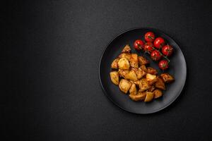 délicieux croustillant frit Patate coins avec sel, épices et herbes photo