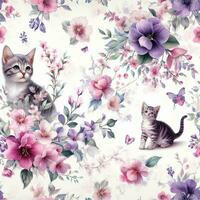 magnifique printemps floral sans couture motifs avec, mignonne chats fleurs feuilles violet et rose sur blanc Contexte. main dessiner photo