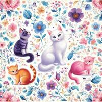 magnifique printemps floral sans couture motifs avec, mignonne chats fleurs feuilles violet et rose sur blanc Contexte. main dessiner photo