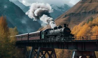 ancien vapeur locomotive chugs à travers le pont, approchant le Montagne création en utilisant génératif ai outils photo