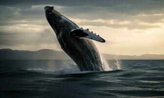 majestueux baleine saut en dehors de le océan vagues création en utilisant génératif ai outils photo