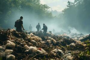 bénévoles sont nettoyage une pollué forêt, ai génératif photo