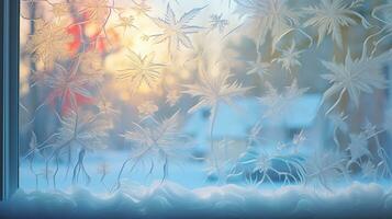 ai génératif hiver gel sur verre avec petit décorations sur ou derrière le fenêtre photo