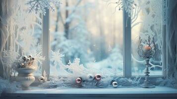ai génératif hiver gel sur verre avec petit décorations sur ou derrière le fenêtre photo