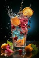 coloré cocktail avec glace, fruit, éclaboussures sur une foncé Contexte généré par artificiel intelligence photo