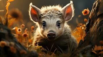 bébé porc dans le coucher de soleil, ai généré photo