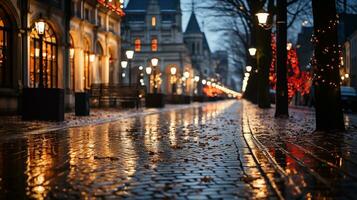 hiver calme rue dans le nuit, Noël arrière-plan, ai généré photo