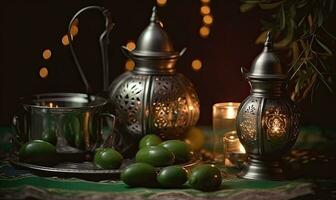 marocain inspiré ornement pour célébrer Ramadan kareem création en utilisant génératif ai outils photo